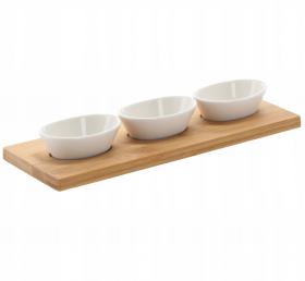 KPL. DO SERWOWANIA PRZYSTAWEK  3 MISECZKI PORCELANOWE Z BAMBUSOWĄ DESKĄ 28x10x5CM 