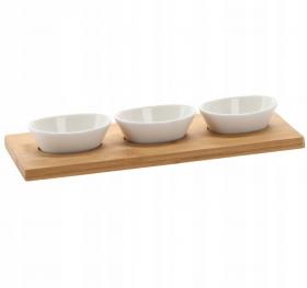KPL. DO SERWOWANIA PRZYSTAWEK  3 MISECZKI PORCELANOWE Z BAMBUSOWĄ DESKĄ 28x10x5CM 