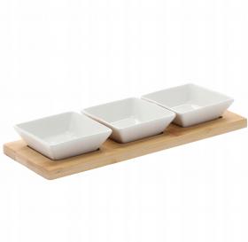 KPL. DO SERWOWANIA PRZYSTAWEK  3 MISECZKI KWADRATOWE PORCELANOWE Z BAMBUSOWĄ DESKĄ 28x10x3CM 