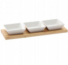 KPL. DO SERWOWANIA PRZYSTAWEK  3 MISECZKI KWADRATOWE PORCELANOWE Z BAMBUSOWĄ DESKĄ 28x10x3CM 