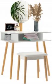 TOALETKA DO WIZAŻU BIAŁA RETRO Z OKRĄGŁYM LUSTREM +TABORET 