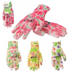 RĘKAWICE OCHRONNE "8" DZIANE WZÓR OWOCE Z POLIESTRU POKRYTE POLIURETANEM 