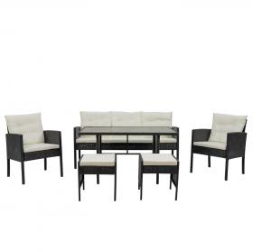 ZESTAW MEBLI RATTANOWYCH VADUZ SOFA FOTELE PUFY STÓŁ CZARNY KREMOWE PODUSZKI