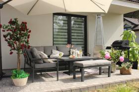 Zestaw Mebli Aluminiowych Garden Line Szary z Szarymi Poduszkami  Sofa Narożna + Pufa + Stolik