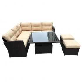 Zestaw Mebli Rattanowych Garden Line Brązowy z Kremowymi Poduszkami (Sofa Narożna + 2 Pufy + Stolik z Regulowaną Wysokością)