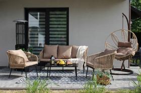 Zestaw Mebli Ogrodowych z Plecionej Liny Garden Line Beżowy + Beżowe Poduszki (2 Fotele + Sofa + Stolik)