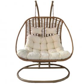 Fotel Wiszący Suri Dwuosobowy Garden Line Naturalny z Kremową Poduszką i Naturalną Ramą