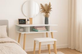 TOALETKA DO WIZAŻU BIAŁA RETRO Z OKRĄGŁYM LUSTREM +TABORET 